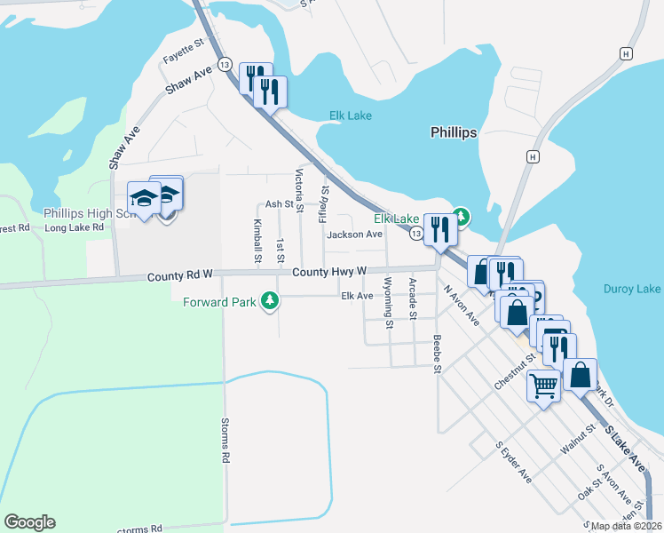 map of restaurants, bars, coffee shops, grocery stores, and more near 300 Ashland Street in Phillips