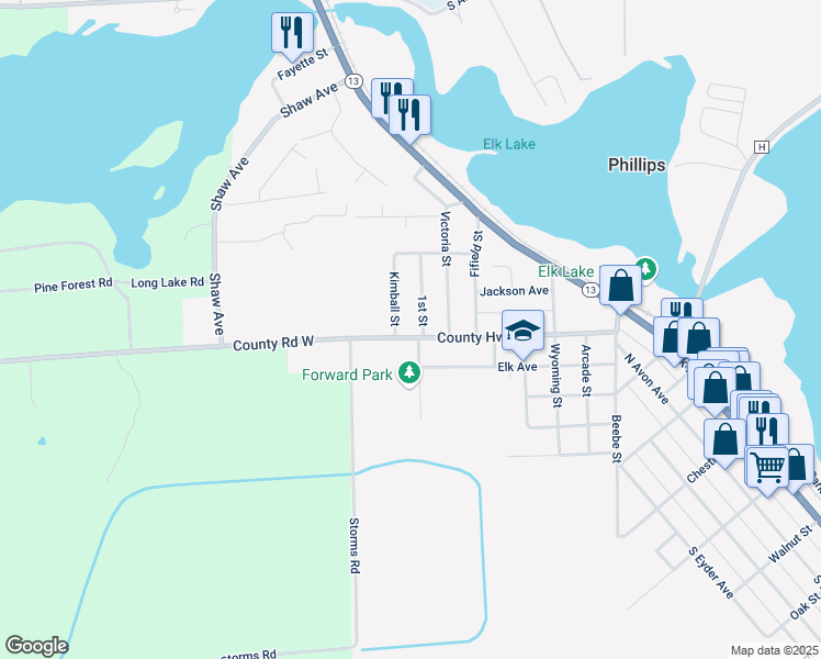 map of restaurants, bars, coffee shops, grocery stores, and more near 765 Flambeau Avenue in Phillips