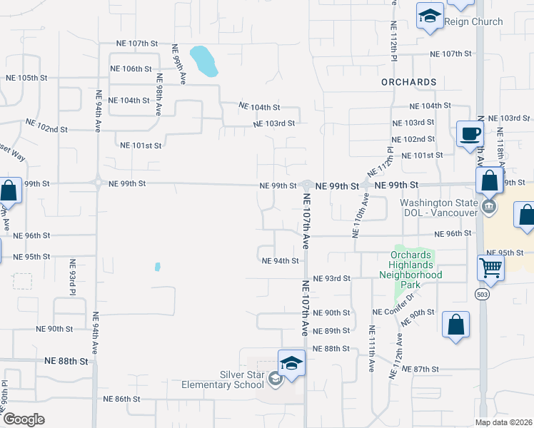 map of restaurants, bars, coffee shops, grocery stores, and more near 10500 Northeast 96th Street in Vancouver