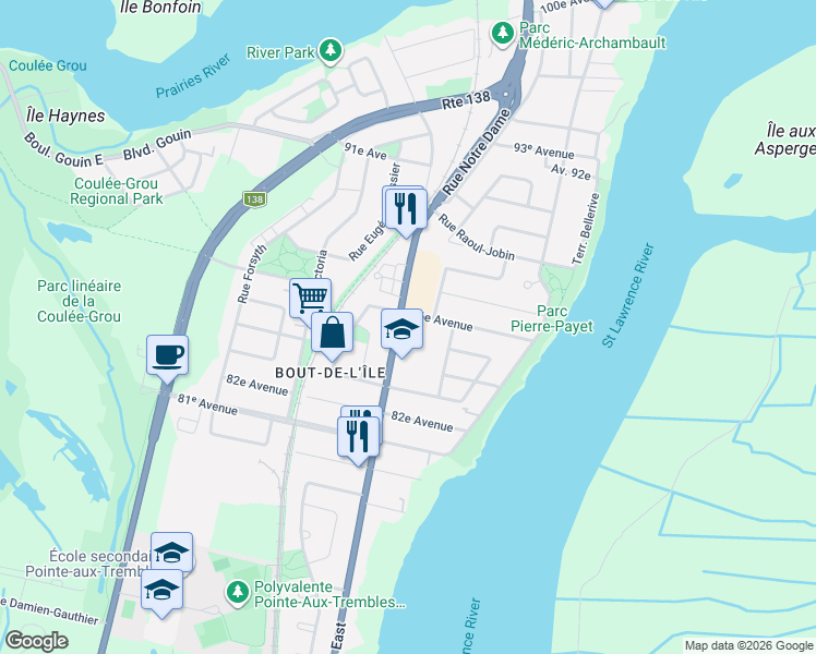 map of restaurants, bars, coffee shops, grocery stores, and more near 15760 Rue Notre-Dame Est in Montréal