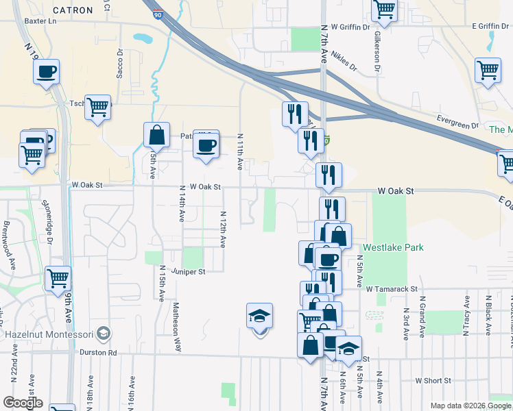 map of restaurants, bars, coffee shops, grocery stores, and more near 1062 West Oak Street in Bozeman