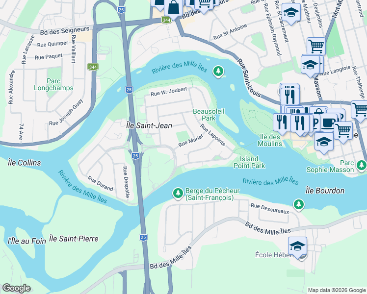 map of restaurants, bars, coffee shops, grocery stores, and more near 1424 Rue Point E. Marier in Terrebonne