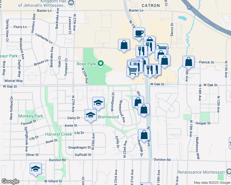 map of restaurants, bars, coffee shops, grocery stores, and more near 1301 Woodland Drive in Bozeman