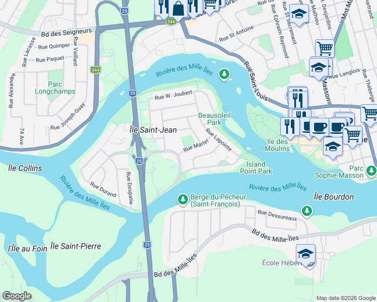 map of restaurants, bars, coffee shops, grocery stores, and more near 1424 Rue Point E. Marier in Terrebonne