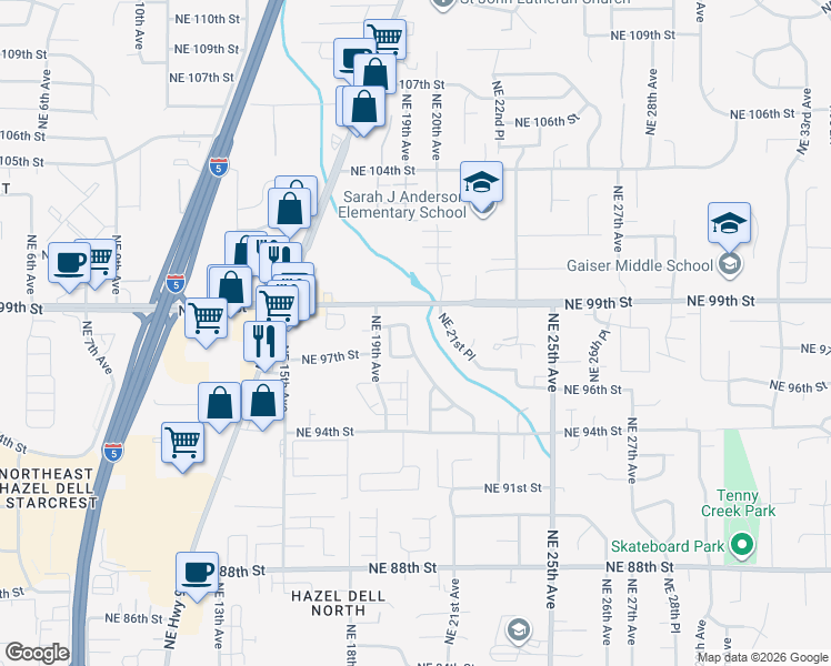 map of restaurants, bars, coffee shops, grocery stores, and more near 1918 Northeast 98th Street in Vancouver