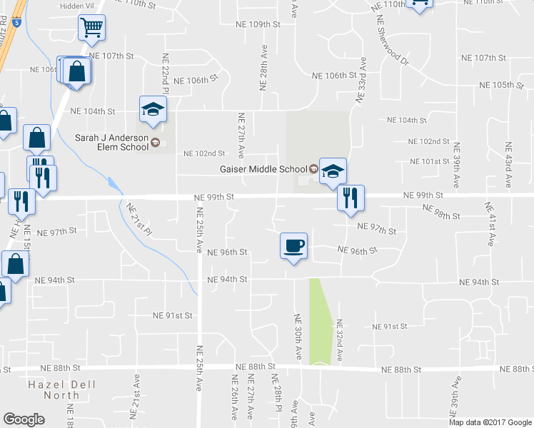 map of restaurants, bars, coffee shops, grocery stores, and more near 9708 Northeast 28th Place in Vancouver