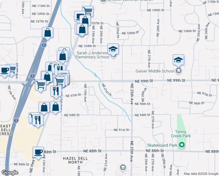 map of restaurants, bars, coffee shops, grocery stores, and more near 2110 Northeast 97th Circle in Vancouver