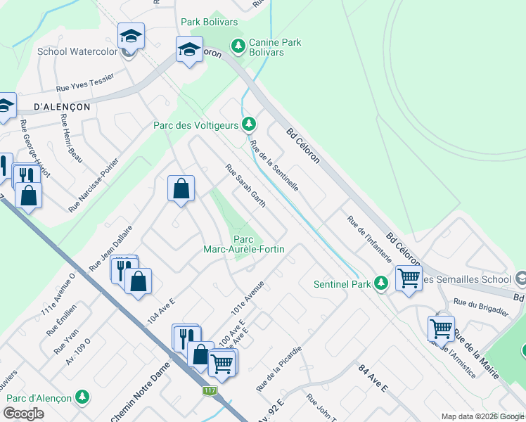 map of restaurants, bars, coffee shops, grocery stores, and more near 59 Rue Sarah Garth in Blainville