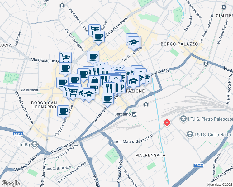 map of restaurants, bars, coffee shops, grocery stores, and more near 82 Viale Papa Giovanni XXIII in Bergamo