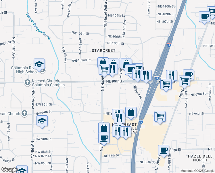 map of restaurants, bars, coffee shops, grocery stores, and more near 9803 Northeast Hazel Dell Avenue in Vancouver