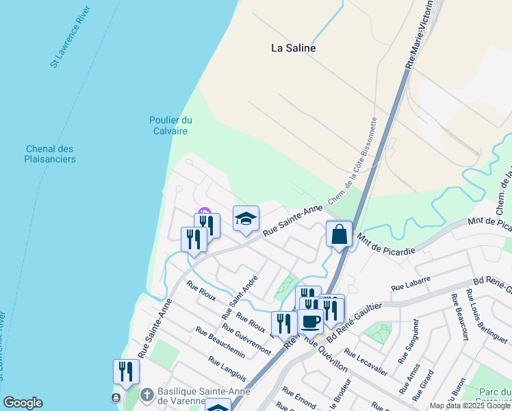 map of restaurants, bars, coffee shops, grocery stores, and more near 225 Rue du Parcours in Varennes