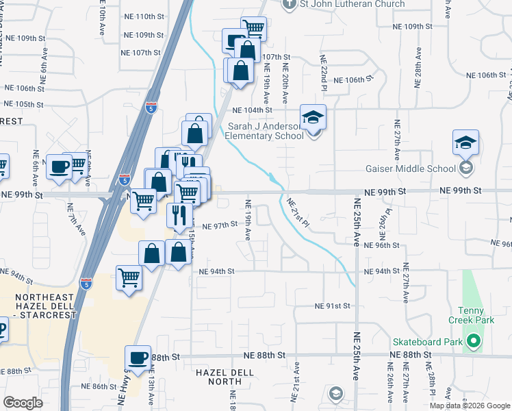 map of restaurants, bars, coffee shops, grocery stores, and more near 1918 Northeast 98th Street in Vancouver
