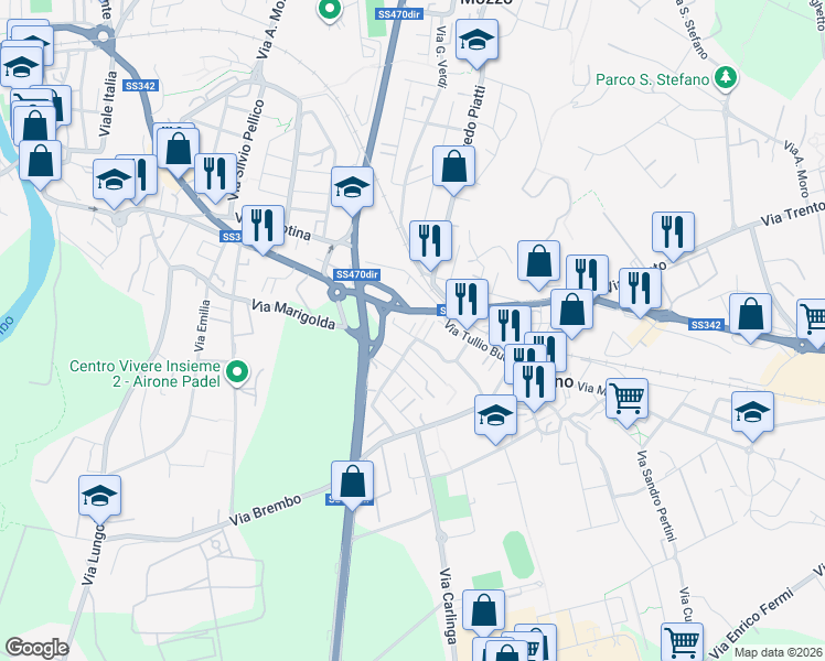 map of restaurants, bars, coffee shops, grocery stores, and more near 44 Via Repubblica in Curno