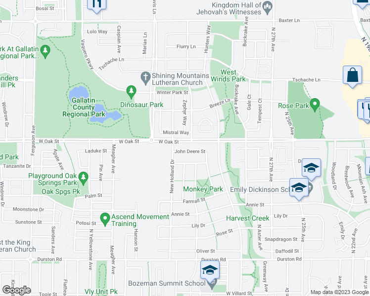 map of restaurants, bars, coffee shops, grocery stores, and more near 3161 John Deere Street in Bozeman