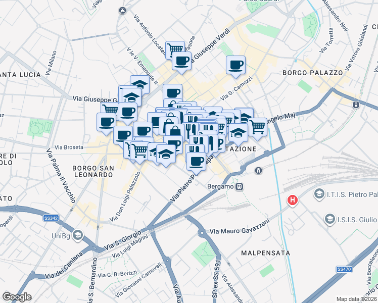 map of restaurants, bars, coffee shops, grocery stores, and more near 5 Via Guglielmo D'Alzano in Bergamo