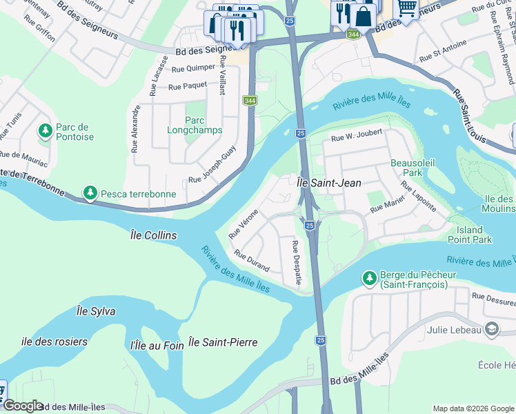 map of restaurants, bars, coffee shops, grocery stores, and more near 380 Rue de Vérone in Terrebonne