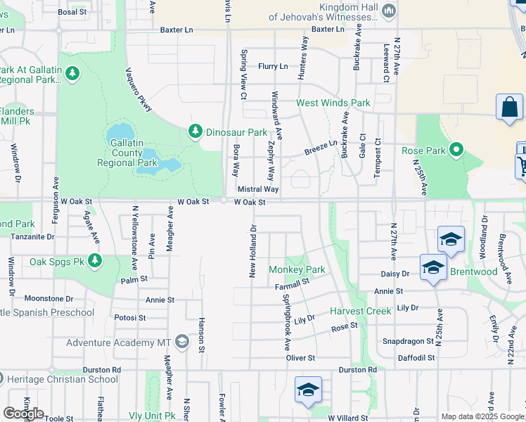 map of restaurants, bars, coffee shops, grocery stores, and more near 3207 John Deere Street in Bozeman