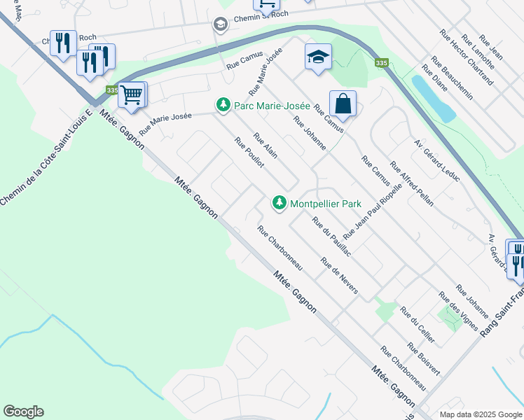 map of restaurants, bars, coffee shops, grocery stores, and more near 2809 Rue Charbonneau in Terrebonne