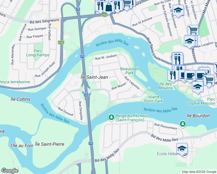 map of restaurants, bars, coffee shops, grocery stores, and more near 135 Boulevard J. S. Archambault in Terrebonne