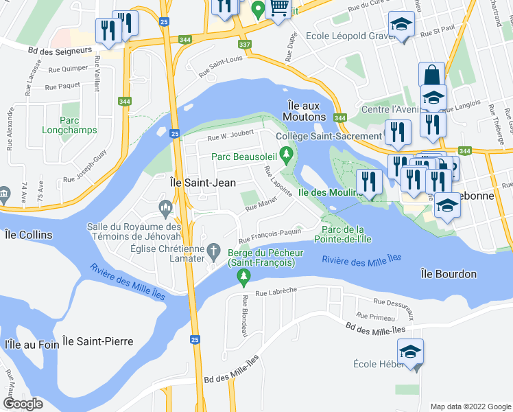 map of restaurants, bars, coffee shops, grocery stores, and more near Rue Point E. Marier in Terrebonne