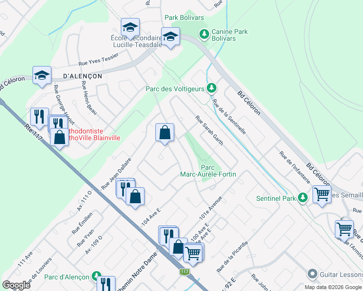 map of restaurants, bars, coffee shops, grocery stores, and more near Rue Maurice Cullen in Blainville