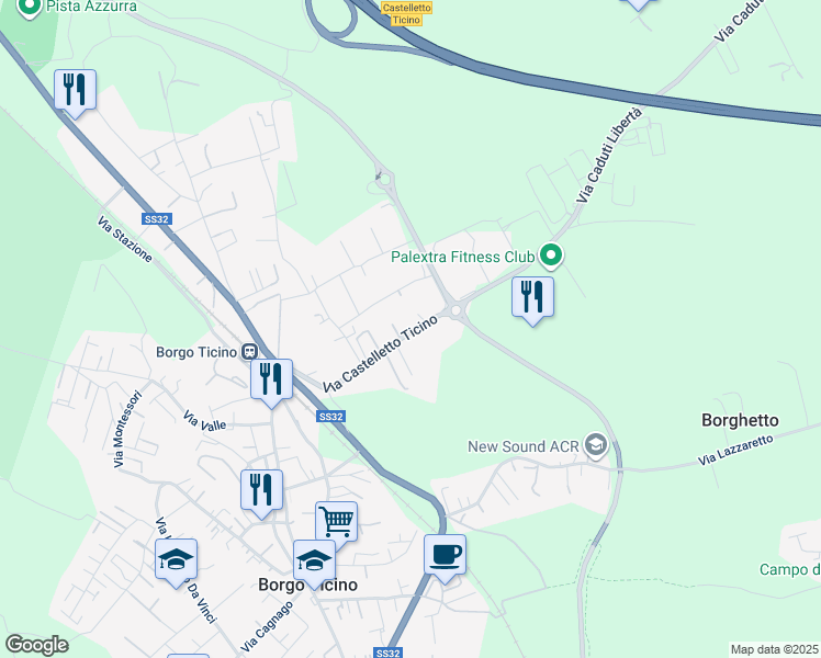 map of restaurants, bars, coffee shops, grocery stores, and more near 47 Via Castelletto Ticino in Borgo Ticino
