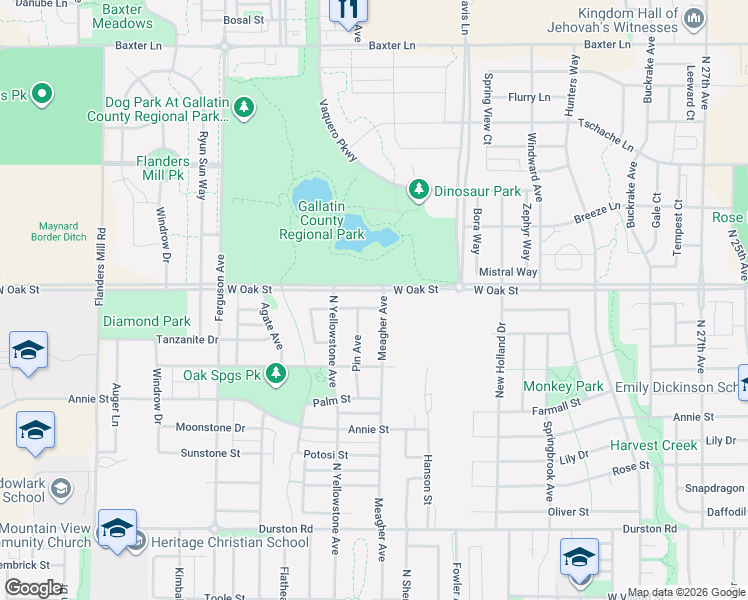 map of restaurants, bars, coffee shops, grocery stores, and more near West Oak Street in Bozeman