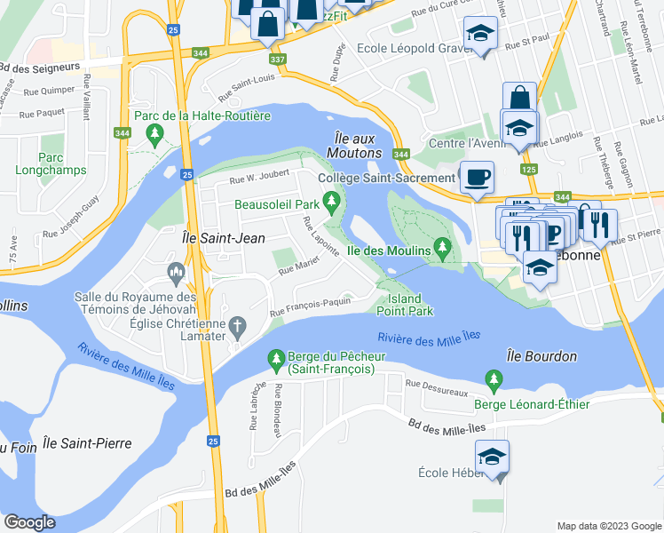 map of restaurants, bars, coffee shops, grocery stores, and more near 1305 Rue André Sabourin in Terrebonne