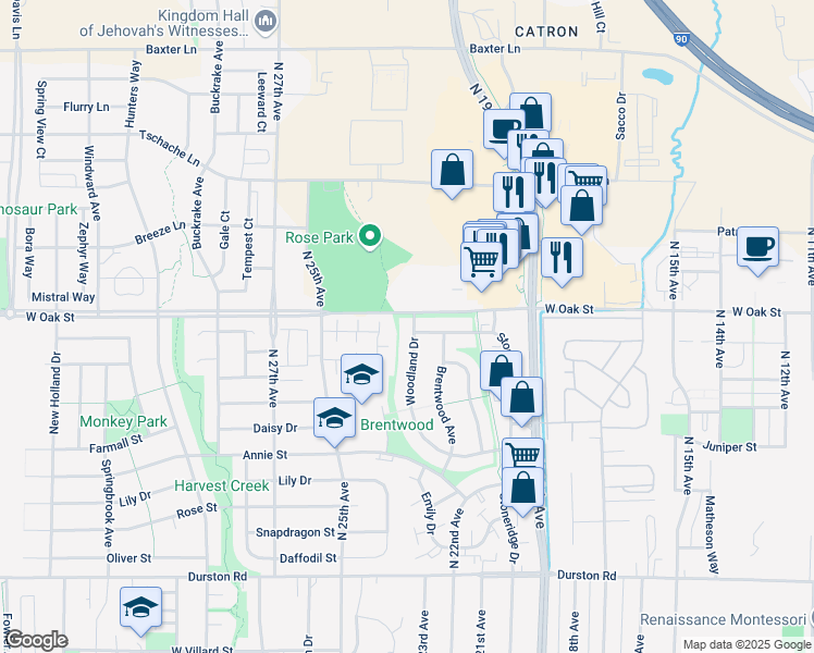 map of restaurants, bars, coffee shops, grocery stores, and more near 1301 Woodland Drive in Bozeman