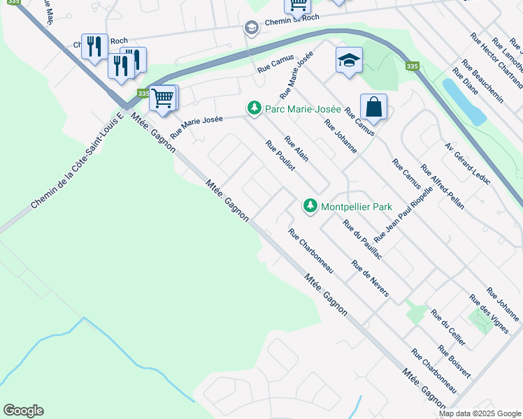 map of restaurants, bars, coffee shops, grocery stores, and more near Rue de Savoie in Terrebonne