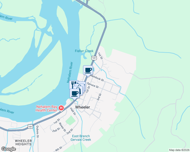 map of restaurants, bars, coffee shops, grocery stores, and more near 107 Hemlock Street in Wheeler