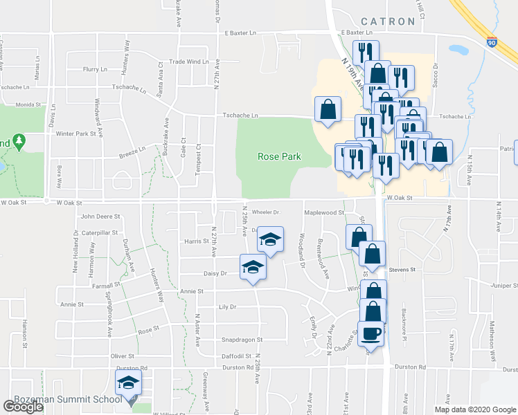 map of restaurants, bars, coffee shops, grocery stores, and more near 2491 Wheeler Drive in Bozeman