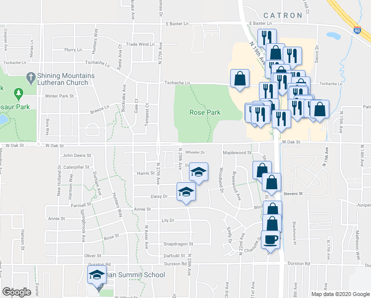 map of restaurants, bars, coffee shops, grocery stores, and more near 2491 Wheeler Drive in Bozeman