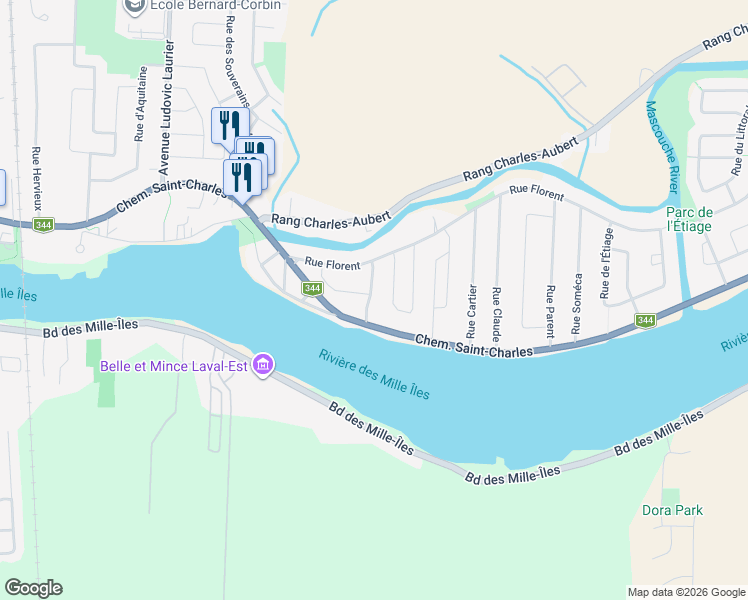 map of restaurants, bars, coffee shops, grocery stores, and more near 225 Rue Meunier in Terrebonne