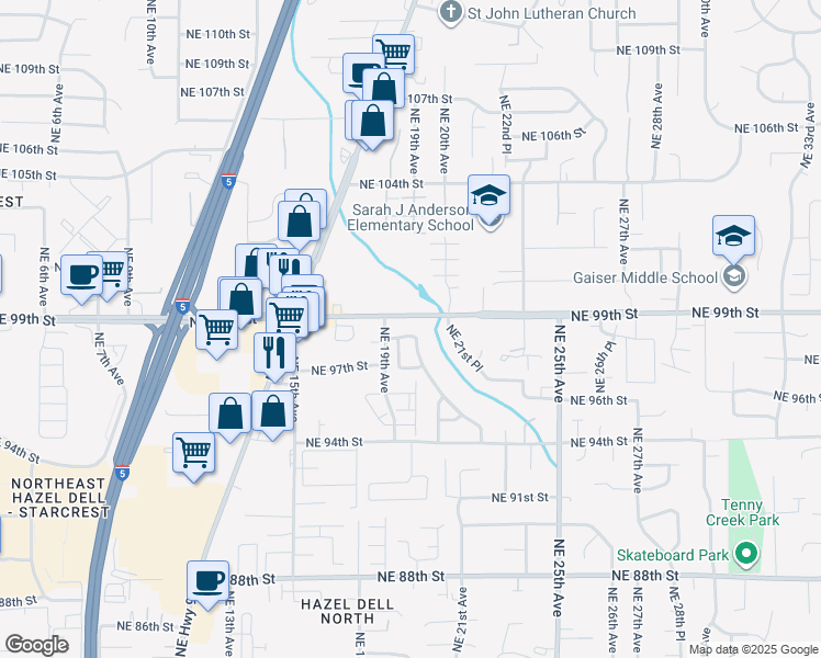 map of restaurants, bars, coffee shops, grocery stores, and more near 1918 Northeast 98th Street in Vancouver