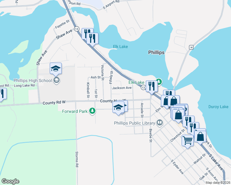 map of restaurants, bars, coffee shops, grocery stores, and more near 495 Jackson Avenue in Phillips