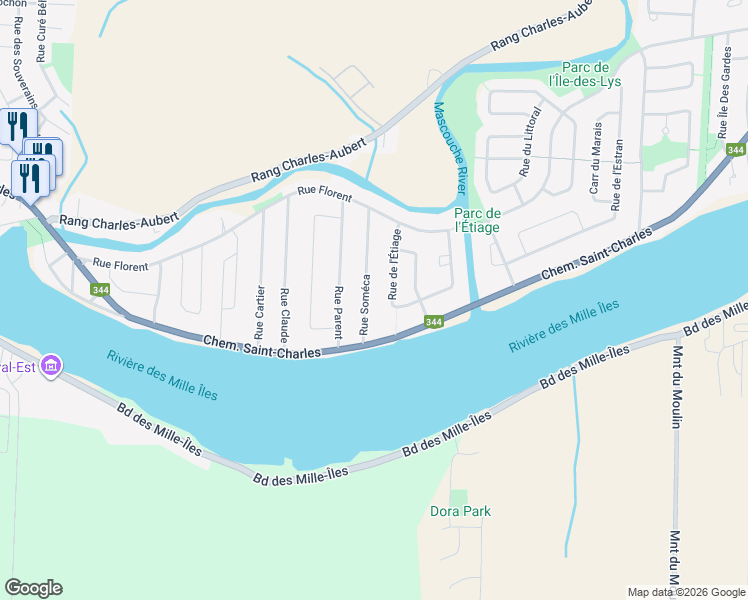map of restaurants, bars, coffee shops, grocery stores, and more near 247 Rue de la Soméca in Terrebonne