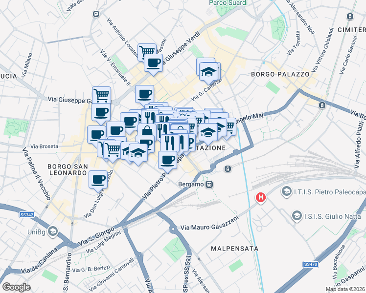 map of restaurants, bars, coffee shops, grocery stores, and more near 82 Viale Papa Giovanni XXIII in Bergamo