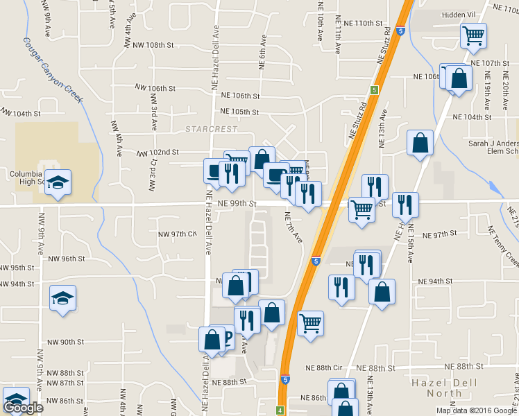 map of restaurants, bars, coffee shops, grocery stores, and more near 610 Northeast 99th Street in Vancouver