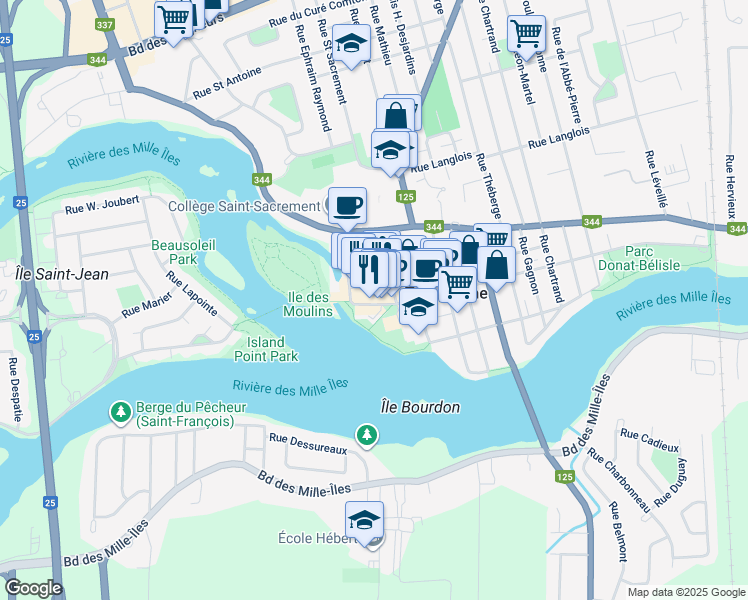 map of restaurants, bars, coffee shops, grocery stores, and more near 821 Rue Saint François Xavier in Terrebonne