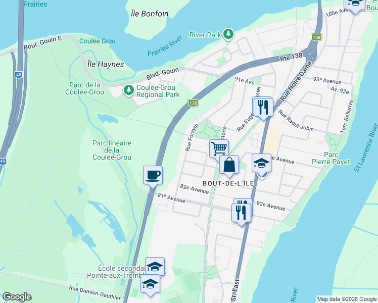 map of restaurants, bars, coffee shops, grocery stores, and more near 15824 Forsyth Street in Montreal