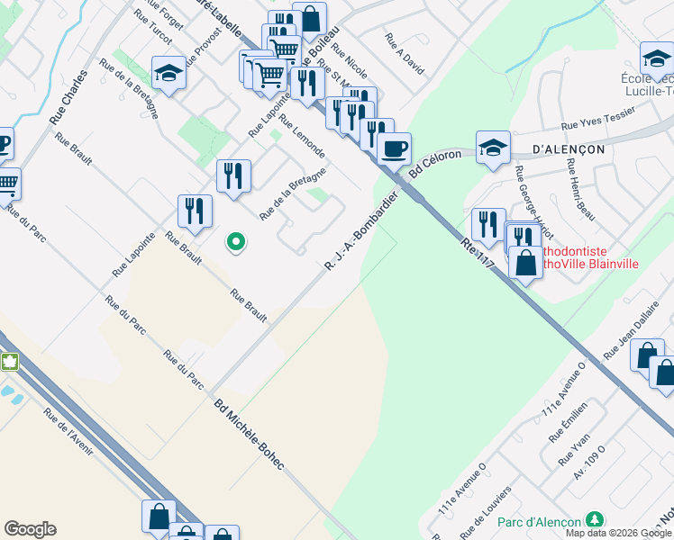 map of restaurants, bars, coffee shops, grocery stores, and more near 18500 Rue J.-A.-Bombardier in Mirabel