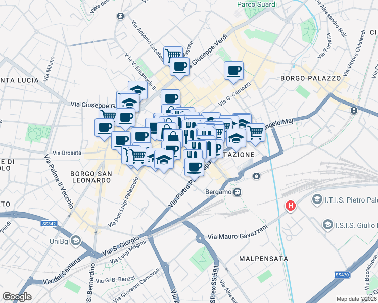map of restaurants, bars, coffee shops, grocery stores, and more near 5 Via Guglielmo D'Alzano in Bergamo