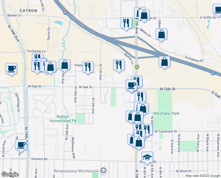 map of restaurants, bars, coffee shops, grocery stores, and more near 797 West Oak Street in Bozeman