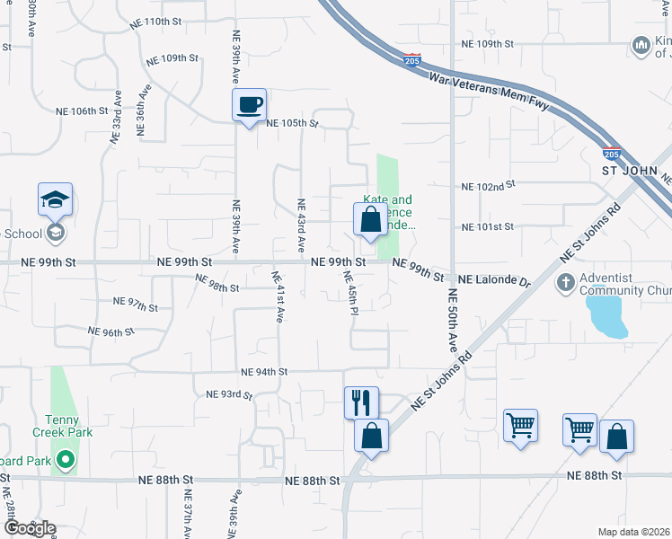 map of restaurants, bars, coffee shops, grocery stores, and more near 4401 Northeast 99th Street in Vancouver