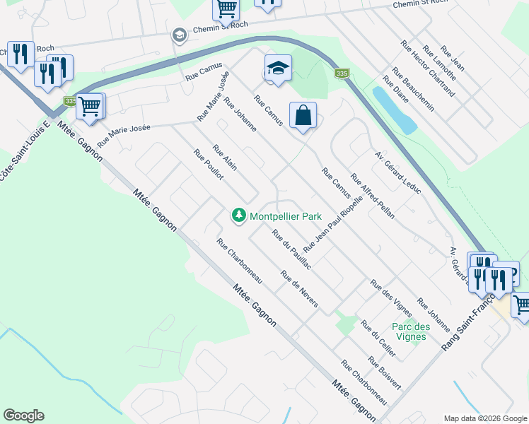 map of restaurants, bars, coffee shops, grocery stores, and more near 2765 Rue du Pauillac in Terrebonne