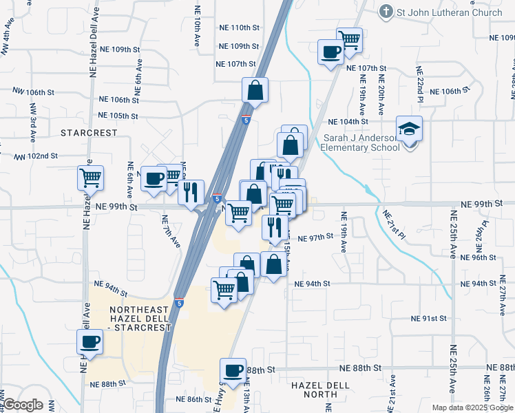 map of restaurants, bars, coffee shops, grocery stores, and more near 1316 Northeast 99th Street in Vancouver