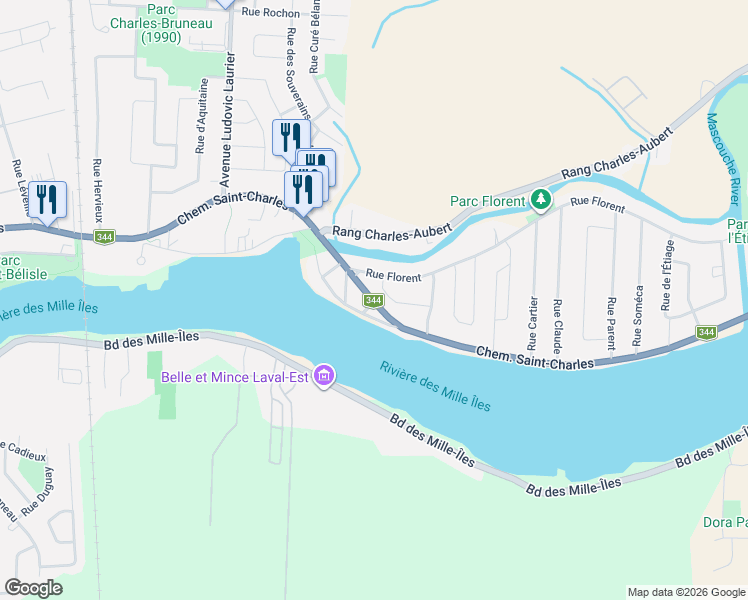 map of restaurants, bars, coffee shops, grocery stores, and more near 1881 Chemin Saint-Charles in Terrebonne