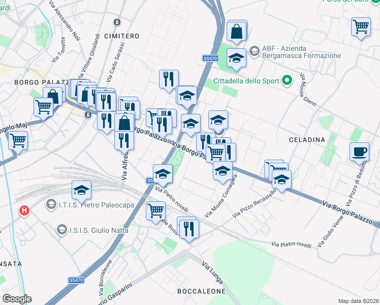map of restaurants, bars, coffee shops, grocery stores, and more near 64 Via Andrea Gritti in Bergamo