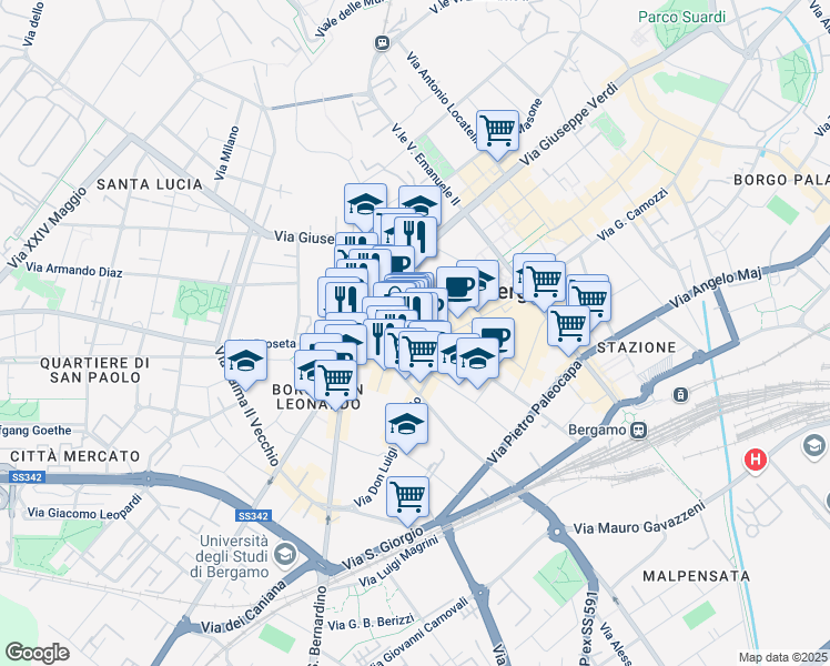 map of restaurants, bars, coffee shops, grocery stores, and more near in Bergamo